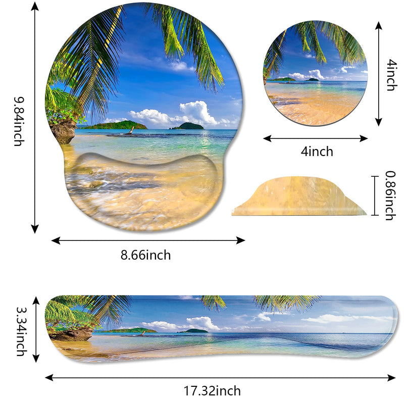 Keyboard Wrist Rest and Mouse Pad Wrist Support Set with Coasters, Non-Slip PU Base Ergonomic Gaming Mousepad for Home Office Working Studying Easy Typing & Pain Relief, Shore Palms Tropical Beach
