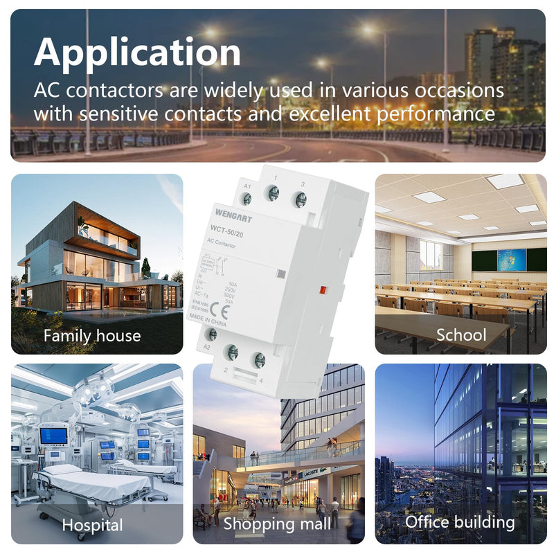 Wengart Compact AC Contactor WCT-50, White, AC230V, 50A, Built for Durability, Whisper Quiet Operation, Energy Saving, with Additional Functions for Household Appliances (2NO) 2NO