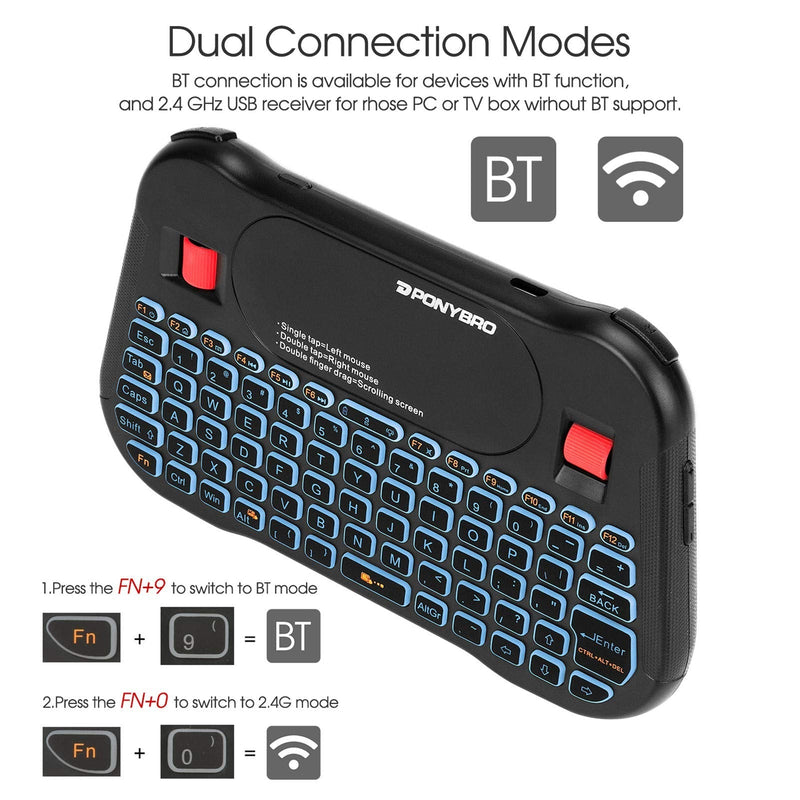PONYBRO Backlit Mini Bluetooth Wireless Keyboard with Touchpad QWERTY keypad,Support Bluetooth＆2.4G USB Connection,Rechargeable Handheld Keyboard Remote for Smartphones,Smart TV,Android TV Box,PC,Pad.