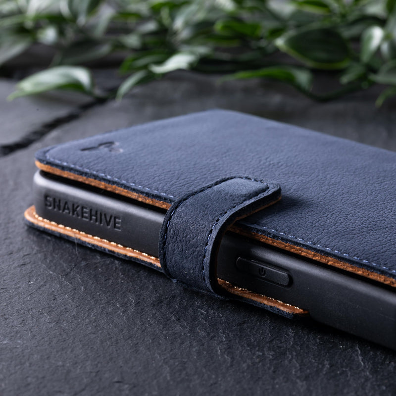 Snakehive Leather Wallet for iPhone 15 - Real Leather Wallet Phone Case - Genuine Leather with Viewing Stand and 3 Card Holder - Flip Folio Cover with Card Slot (Navy) Navy