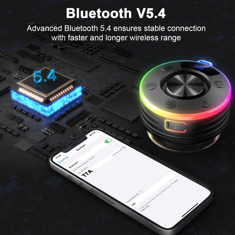 Bluetooth Speaker, Shower Speaker Stereo Sound, IPX7 Waterproof Speakers Bluetooth Wireless with RGB Light, Suction Cup, Hook, Digital Display, Portable Speakers for Gift Bathroom Party Beach, Black