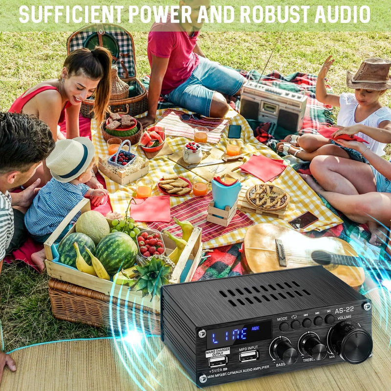 Sunbuck Mini Amplifier, Stereo Receivers for Home Stereo System, 2 Channel Stereo Amplifier with RCA/USB/FM, Bluetooth Receiver Amplifier, Home Theater 300Wx2, Mini Amplifier for Speakers, AS-22BU Mini Size-300W
