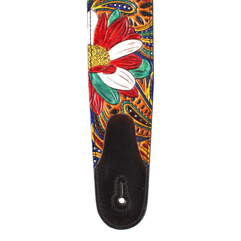 Walker And Williams LHR-20 Handmade Premium Carved Leather Guitar Strap With Carousel Red Paisley Floral Carving And Dark Brown End Caps For Acoustic, Electric, And Bass Guitars