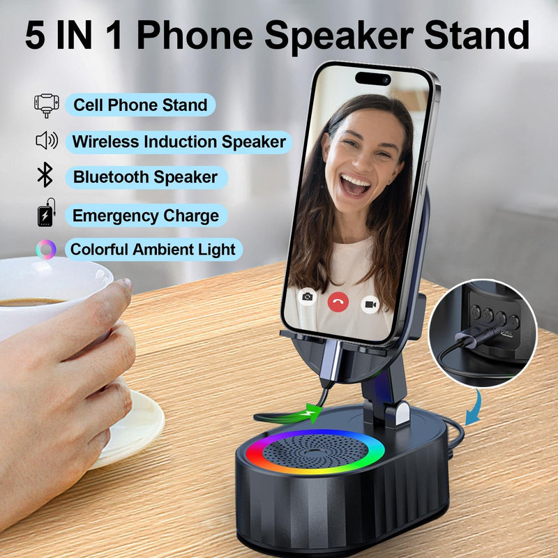 [AUSTRALIA] - Wireless Induction Audio Bluetooth Speaker 5in1 Phone Holder Emergency Rechargeable (3000mAh) with Colorful Ambient Light 300° Foldable for Tablet iPhone Android, Gifts for Men Women (Black) Black 