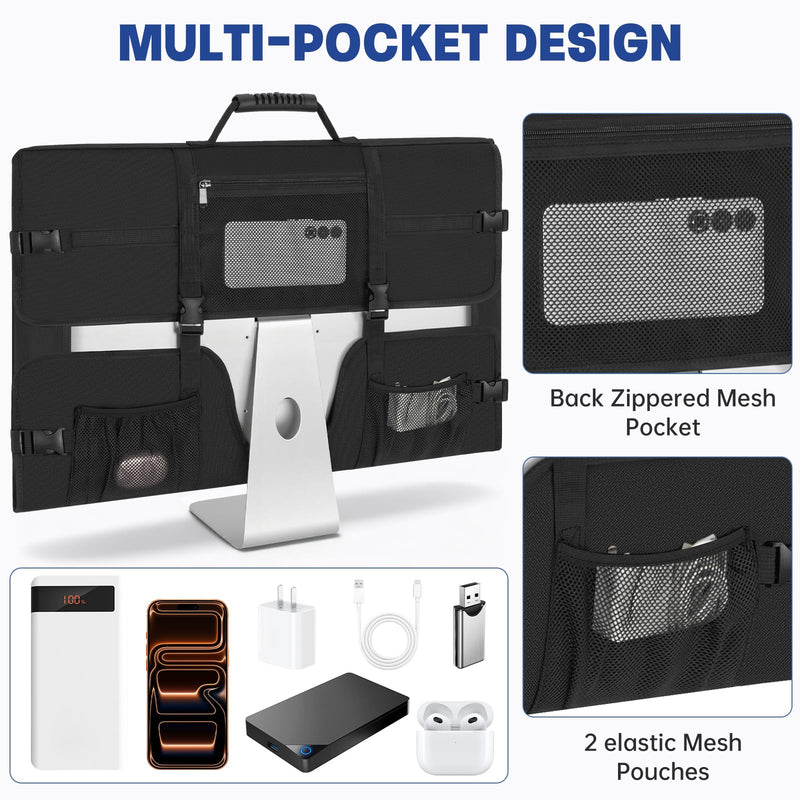 Monitor Carrying Case for 27'' LCD Screens Compatible with iMac 27 | Padded Protective Travel Bag with Handle & Multiple Pockets, Desktop Monitor Dust Cover for Moving, Business Trip Without Strap For 27" Screen
