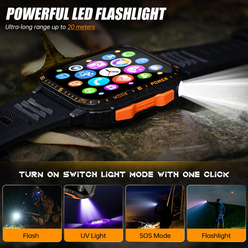 Military Smart Watch for Men with LED Flashlight/UV Light 3ATM Waterproof 1.96" Big Screen Rugged Tactical Smartwatch Fitness Tracker with HR/Sleep Monitor for iPhone Android (Two Watch Bands) | Bluetooth Call/3ATM Waterproof/110+ Sports Modes, HR/Slee...