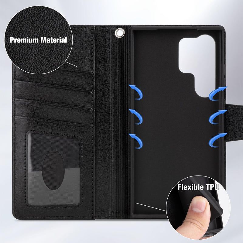 Arae Case for Samsung Galaxy S24 Ultra 5G Wallet Case Flip Cover with Card Holder,Faux Leather Galaxy S24 Ultra 6.8 inch Case Wallet for Women and Men with Kickstand Wristlet Strap,Black S24 Ultra-6.8 inch Black