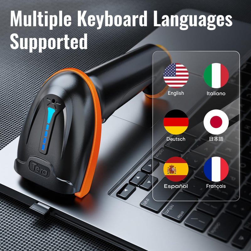 Tera Barcode Scanner Wireless 1D Laser Cordless Barcode Reader with Battery Level Indicator, Versatile 2 in 1 2.4Ghz Wireless and USB 2.0 Wired 1D Orange