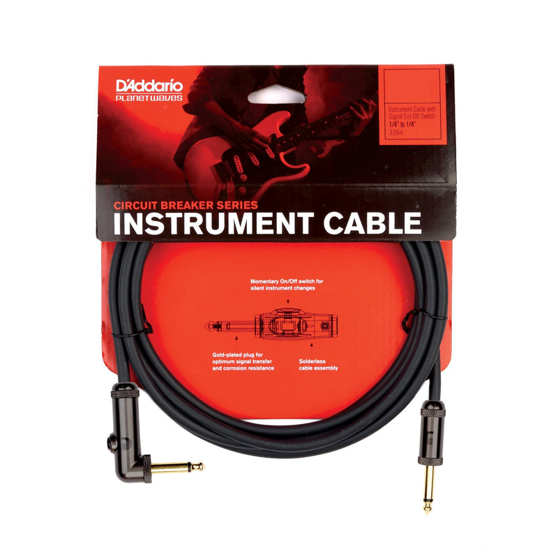 D'Addario Guitar Cable - Guitar Lead - Gold Plated - 1/4 Inch Male to 1/4 Inch Male - Circuit Breaker Cable - 10 Feet/3.05 Meters - Straight End/Right Angle - 1 Pack Right Angle