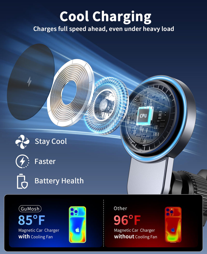 for 25W Magsafe Car Mount Charger with [Cooling Fan], Magnetic Phone Holder for Car, Car Vent Phone Mount with 63W Car Charger, Magnetic Wireless Car Charger for iPhone 17/16/15/14/13/12 Series Black