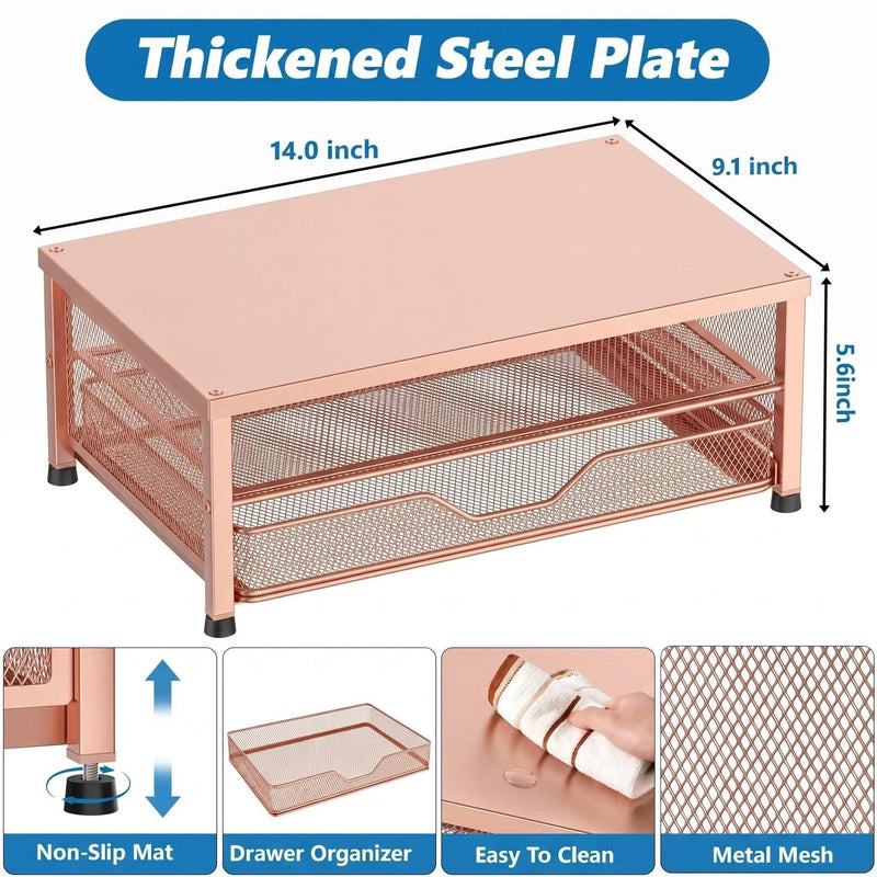 OPNICE Computer Monitor Stand Riser, Desk Organizer with Drawer, Printer & Laptop Stand, Office Desk Accessories & Workspace Desktop Organizers Storage for Office Supplies(Rose Gold) Rose Gold