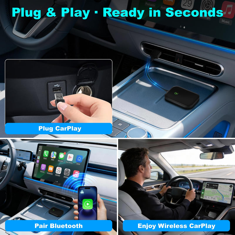 Wireless CarPlay Adapter for iPhone, Apple CarPlay Wireless Adapter USB-C, Bluetooth Connection, Auto-Switch for Multiple iPhones, Fast & Stable, iOS 10+ (Phantom Black)