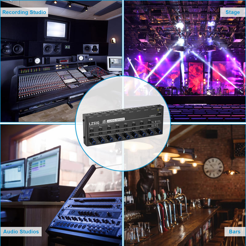 LZSIG Audio Mixer, Stereo Line Mixer for Sub-Mixing, Ultra Low-Noise, 8-Channel, Dynamic Microphone Independent Control, 1/4" & 1/8" TRS Output and Input, for Guitars,Bass,Keyboards Large(8-channel)