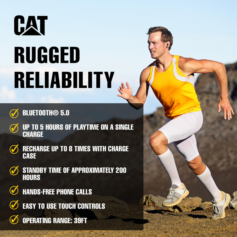 CAT Bluetooth Noise Canceling Ear Buds - Rugged Wireless Work Earbuds, Bluetooth Work Headphones, Dust Proof, Shock Proof, Water Resistant, Compatible with Apple, Android