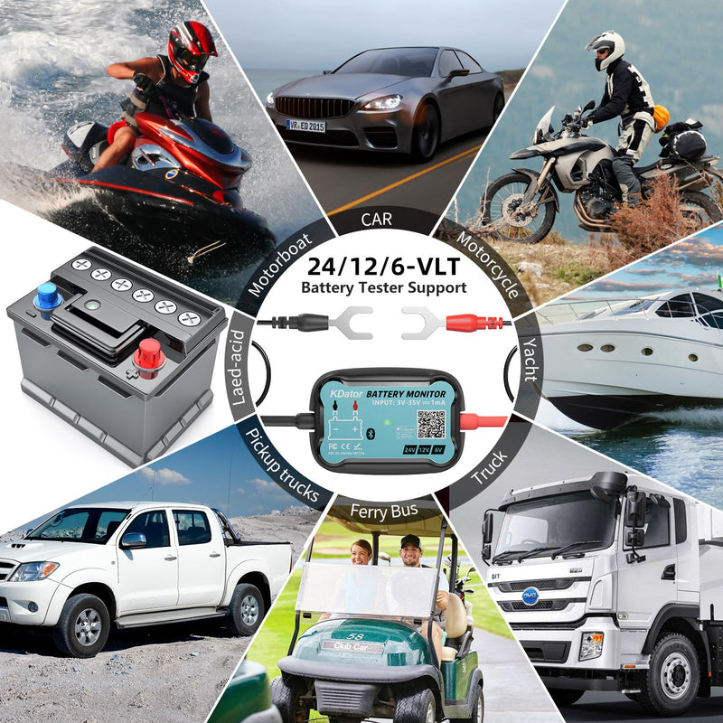 24V 12V 6V Bluetooth Battery Monitor BM7–Work for All Lead-Acid & Lithium Battery with Charging, Cranking System Test & Auto Alarm – Waterproof Voltmeter for Cars, Vans, Trucks, Motorcycles, Boats For 6V-24V Lead-Acid & Lithium Battery
