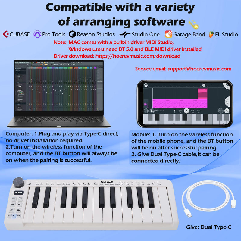 M-VAVE 25 Keys Mini Keyboard – Professional Beat Maker and Keytar for Keyboard Music Production Builtin Battery Wireless Connect White Mini no PADS