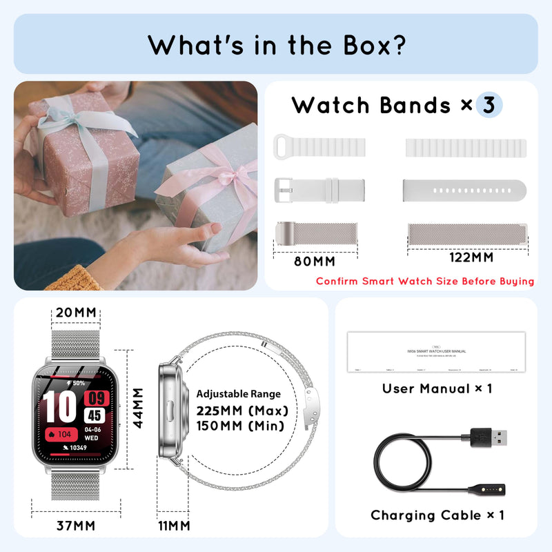 Smart Watch for Women Men 30 Day+ Battery Life 1.85" Fitness Tracker-Silver | Compatible iPhone & Android with Bluetooth Calling/Heart Rate/SpO2 Monitor, 120+ Sports Modes, 1000mAh 3 Bands Silver 44 MM