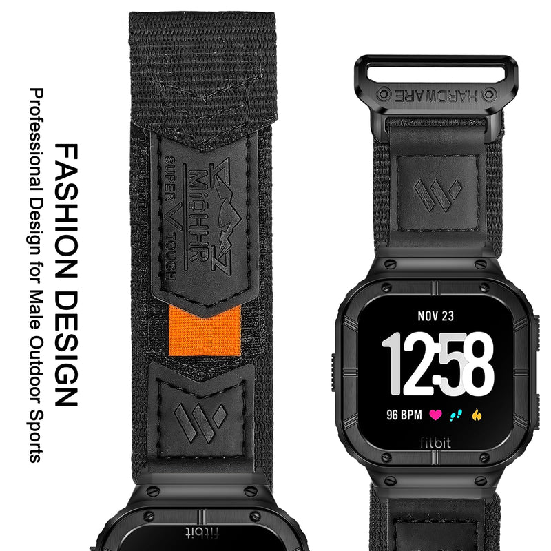 MioHHR Nylon Bands with Stainless Steel Case for Fitbit Versa 4 3 2 1 Lite | Breathable Adjustable Strap and Metal Protective Cover Compatible with Fitbit Sense 2 1 for Men 6.1"-8.9",Durability Black Large-（6.7''-8.9''）