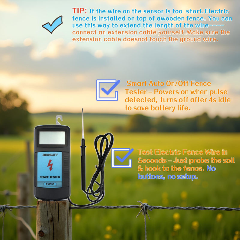 allsun Digital Electric Fence Voltage Tester and Fault Farm Finder, Fence Voltmeter/Grounding Tester LCD Display for 300V to 9.9kV Pulse, Fence Voltage Indicator Checker Farm Gardening Tool