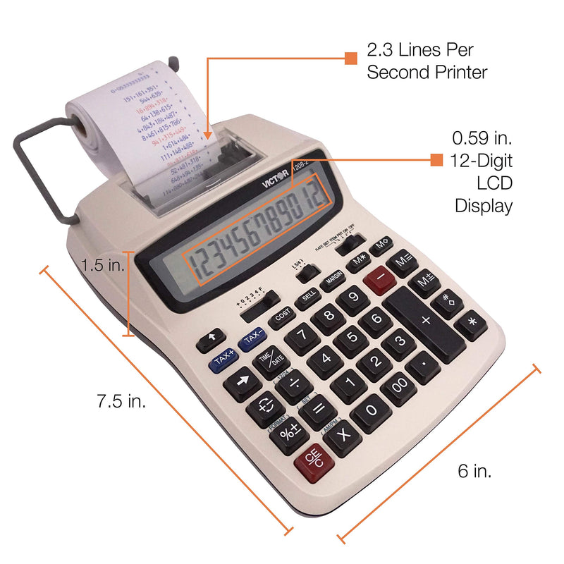 [AUSTRALIA] - Victor Printing Calculator, 1208-2 Compact and Reliable Adding Machine with 12 Digit LCD Display, Battery or AC Powered, Includes Adapter,White 1.5" x 6" x 7.5" 