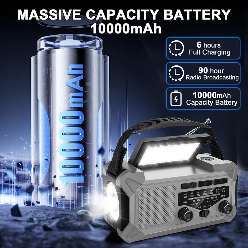10000mAh Emergency Weather Radio with Solar Charging, Hand Crank Radio Solar Radio Portable Radio AM/FM/NOAA Radio LED Flashlight Reading Lamp Compass Phone Charger Outdoor Camping-Grey Grey