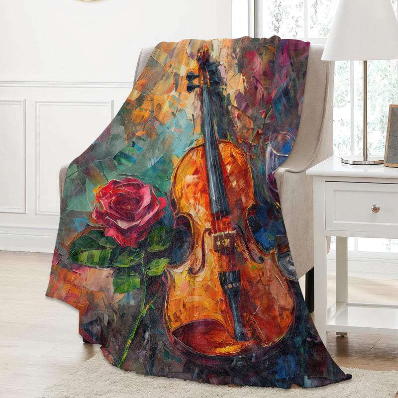 Violin Rose Blanket Gifts for Music Lovers Musician, Soft Warm Cozy Flannel Blankets for Home, Bedroom, Travel, Camping, Musical Instrument and Wine Glass Throw, Romantic Decor 50x60 inch Violin and Wine 50"x60"