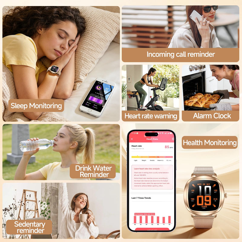 Smart Watch for Women, 1.72" Fitness Tracker with Answer/Make Calls, Sleep/Heart Rate Monitor, Smartwatch for Android iOS Support 100+ Sports Modes, IP68 Waterproof, Fitness Watch with 2 Band (Gold)