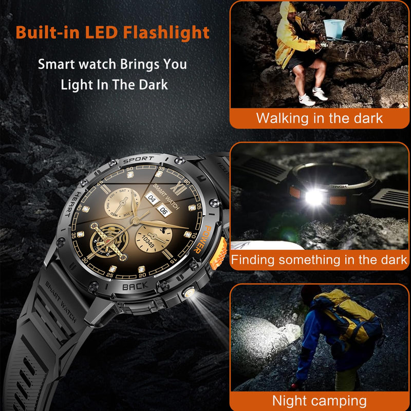 Military Smart Watches for Men, Answer/Make Calls, Fitness Tracker with Heart Rate/Sleep Monitor/3 Straps/Flashlight, 100+ Sport Modes, IP68 Waterproof Rugged Watch for iPhone/Android Phones, AllBlack