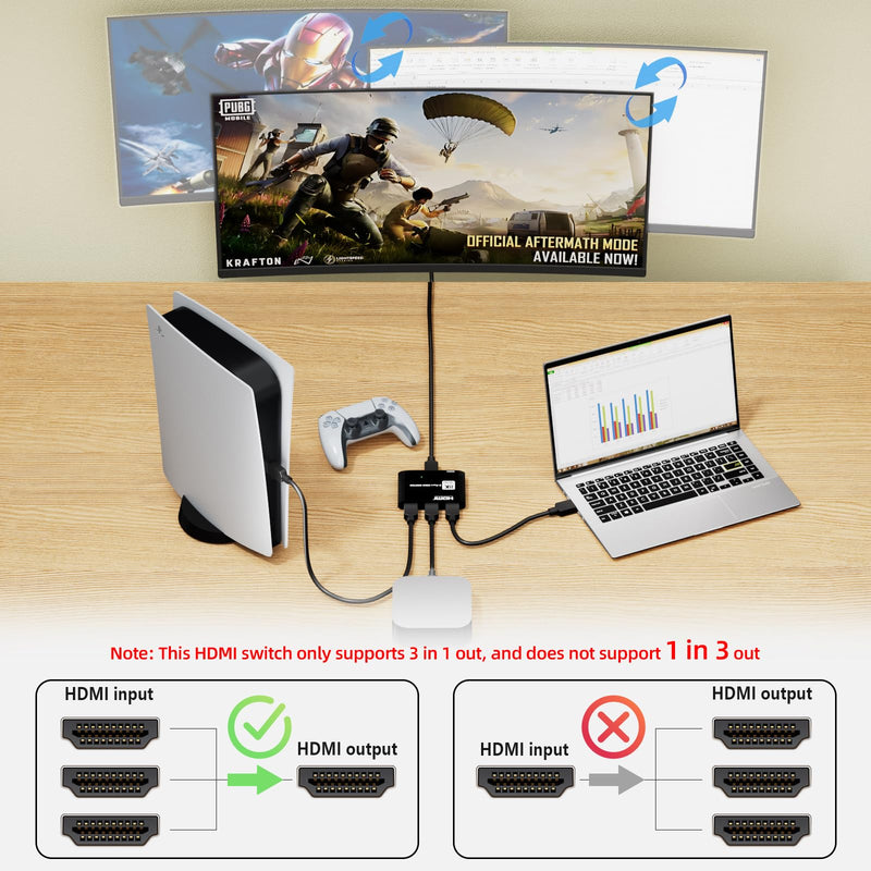 HDMI 2.1 Switch 3 in 1 Out 8k60Hz,3 Port HDMI Switcher 4K@144Hz, 48Gbps,VRR, Dynamic HDR, HDCP 2.3，for PS5/Xbox Series X/Apple TV 8K/Roku Ultra/Fire Stick 8K Max