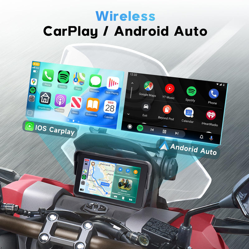 5-Inch Motorcycle CarPlay Screen Wireless Android Auto for Moto with GPS Navigation for Motorbike Bluetooth Voice Control Portable Moto Car Play Screen 5-Inch