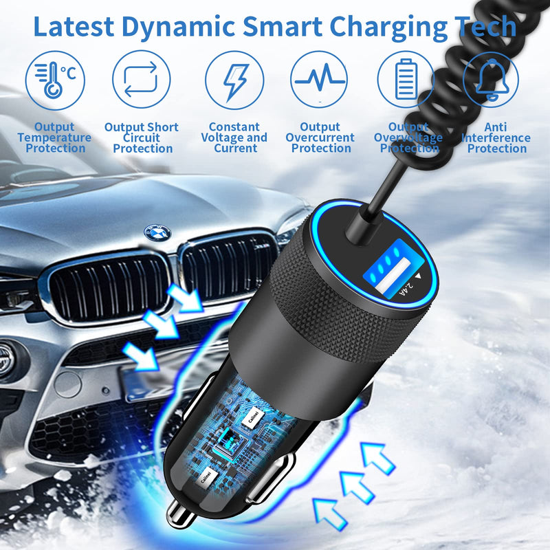 【MFi Certified】iPhone Fast Car Charger, Caiinei 4.8A Dual USB Power Car Charger Fast Charging Cigarette Lighter Adapter+6FT Coiled Lightning Cable for iPhone 14 13 12 11 Pro/XS Max/Mini/XR/X/8/SE/iPad Ceramic Black