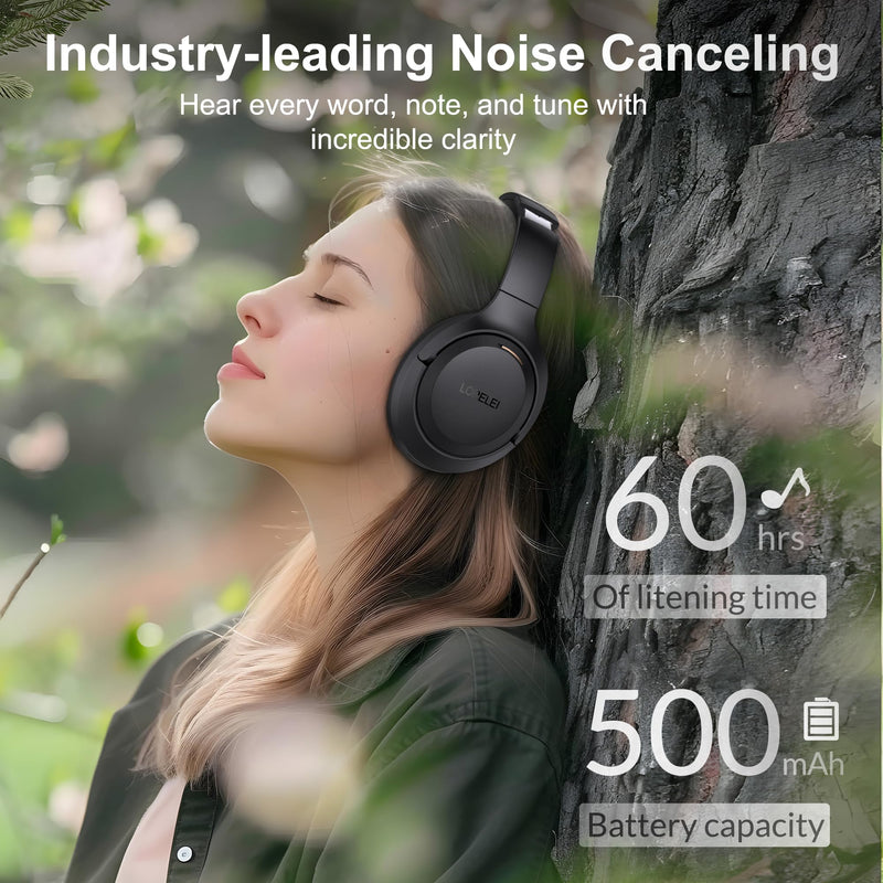 LORELEI QC60 Hybrid Active Noise Cancenlling Headphones,Wireless Over Ear Bluetooth Headsets with Microphone, 60H Playtime Foldable Lightweight, Deep Bass, Memory Earmuffs, for Travel Home Office Space Black