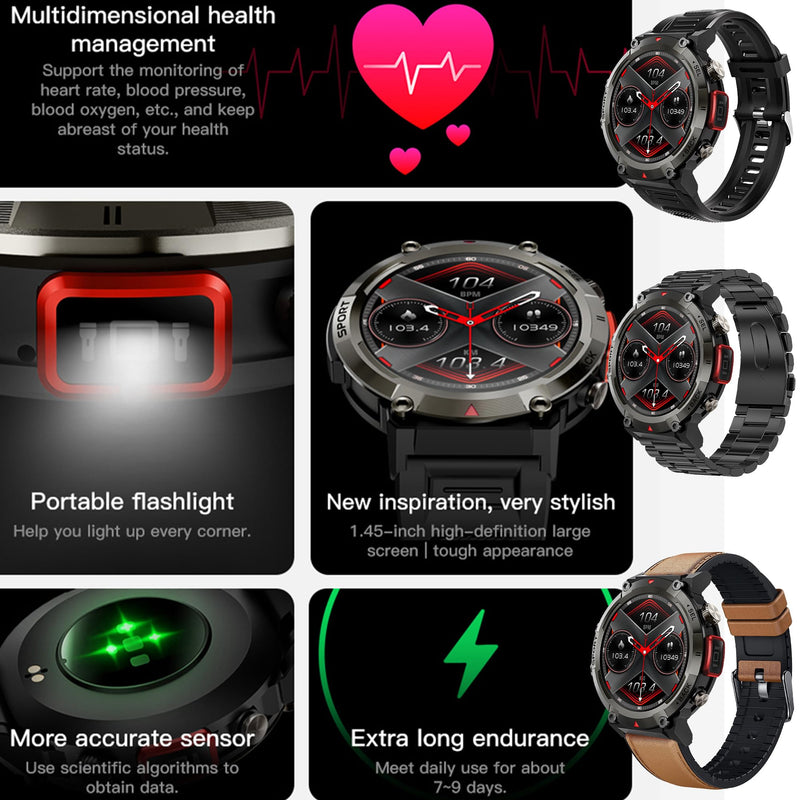 1.45" Smart Watch for Men Women (Make/Answer Call), 2024 New Mens Smartwatches, Hands-Free Calling & LED, Fitness Tracker Smartwatch for Android iPhones, Digital Watches Step Counter, 3 Straps (Brown) Brown