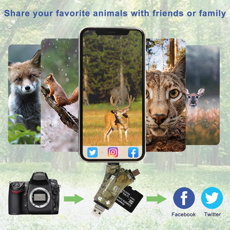 Liplasting Trail Camera Viewer SD Card Reader for iPhone iPad Mac & Android, 4 in 1 SD/Micro SD/TF Memory Card Reader Adapter to View Hunting Game Camera Photos or Videos on Smartphone
