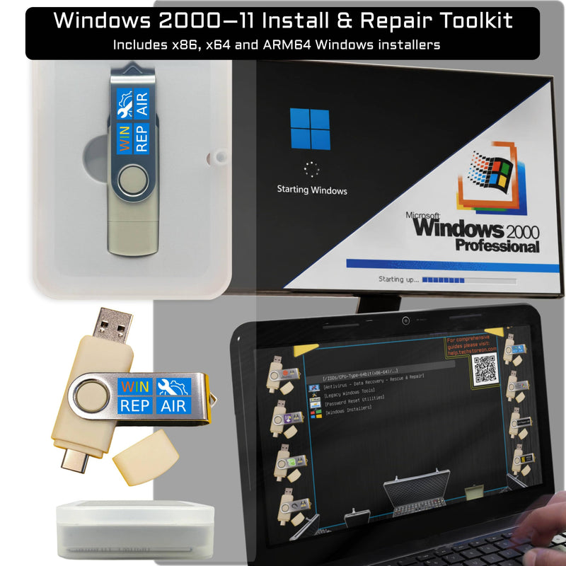 13-in-1 Windows Repair & Reinstall Bootable USB Toolkit | 64GB USB-A/USB-C toolkit for Windows 11/10/7/XP/2000, UEFI/Legacy boot, WinPE, drivers and password reset, no TPM required