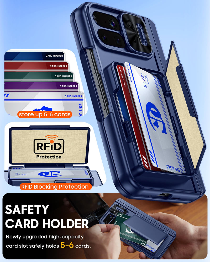 [AUSTRALIA] - CENMASO for Google Pixel 10 Pro Fold Case with Card Holder [RFID Blocking] Camera Cover, Hinge Protection, Dual Hidden Kickstand, Screen Protector, Shockproof Phone Case for Pixel 10 Pro Fold (Blue) Blue-wallet 
