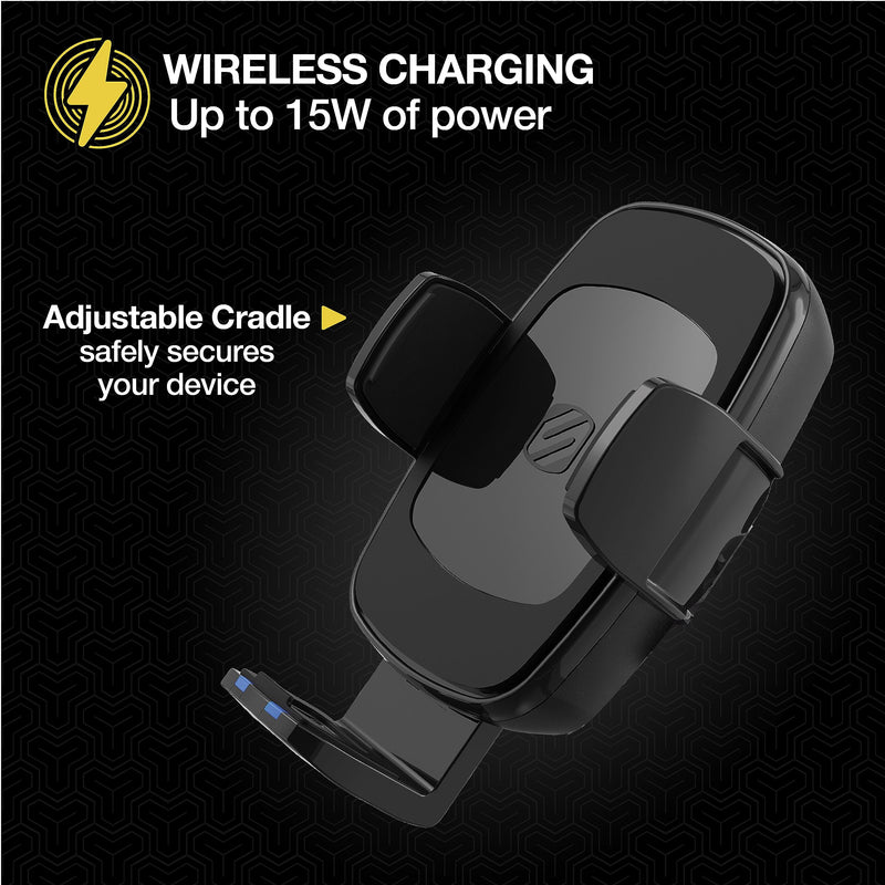 Scosche UQ3WDV-SP Windshield/Dashboard/Vent Qi-Certified 15W Wireless Charging Universal Cell Phone Car Mount, Adjustable Hands-Free Cell Phone Holder with Stick Grip, Black Gen 3 Windshield / Dash / Vent