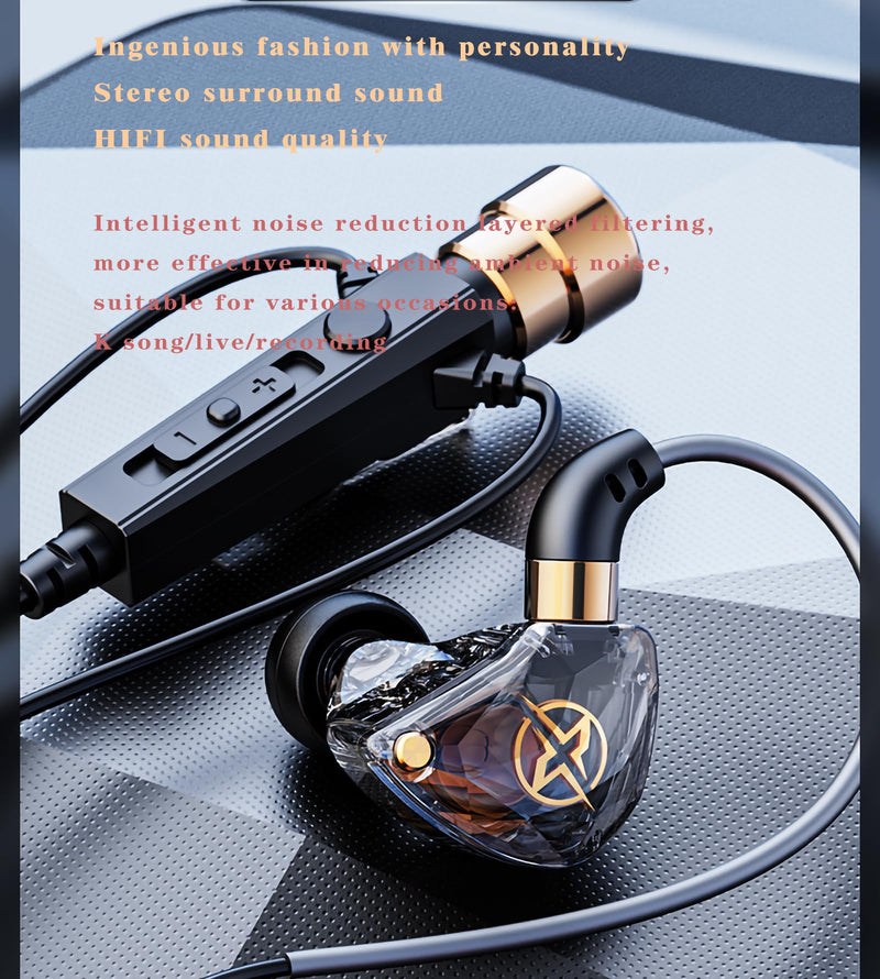 KT-02 Wired Headphone Sport Headset Noise Cancelling Earphones with Mic Dynamic HD,3.5MM Jack Headsets for Live Singing Recording, Live Video Streaming, Live Game miking（Black 1.2m）, Clear