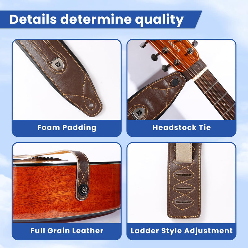 Full Grain Cowhide Leather Guitar Strap Thickened Air Cushion Padded Strap for Acoustic Electric Guitar Bass Y-034 Brown