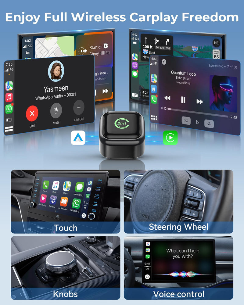 Wireless CarPlay Adapter, Convert Wired to Wireless, 2-in-1 CarPlay & Android Auto, Mini Plug & Play, Fast Auto-Connect & No Latency, USB/USB-C for Cars with Built-in CarPlay & iOS 10+/Android 11+ Gunmetal Black