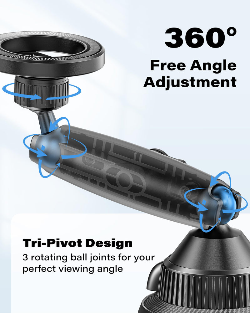 APPS2Car Magnetic Cup Holder Phone Mount, Tri-Pivot Adjustable Long Arm | 17 N54 Magnets, Fits 3"–4" Cup Holders, 17mm Ball Joint, Compatible with MagSafe iPhone, Samsung, Smartphones