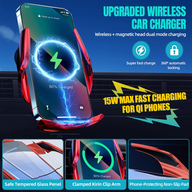 Wireless Car Charger, MAX 15W Fast Charging Auto Clamping, Sensing Phone Holder Mount, fit for iPhone 16 15 14 13 12 Pro Max Xs X, Samsung Galaxy S24 Ultra S23 S22 S21 S20 Note20 (4-Red) 4-Red