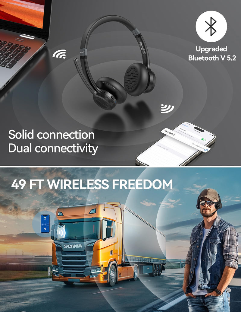 [AUSTRALIA] - TECKNET Wireless Headset, Bluetooth Headset with Noise Cancelling Microphone - Rechargeable Bluetooth V5.2 Headphones, 50H Playtime & Mic Mute, On Ear Headphones for Trucker/Remote Work/Call Center Deep Black 