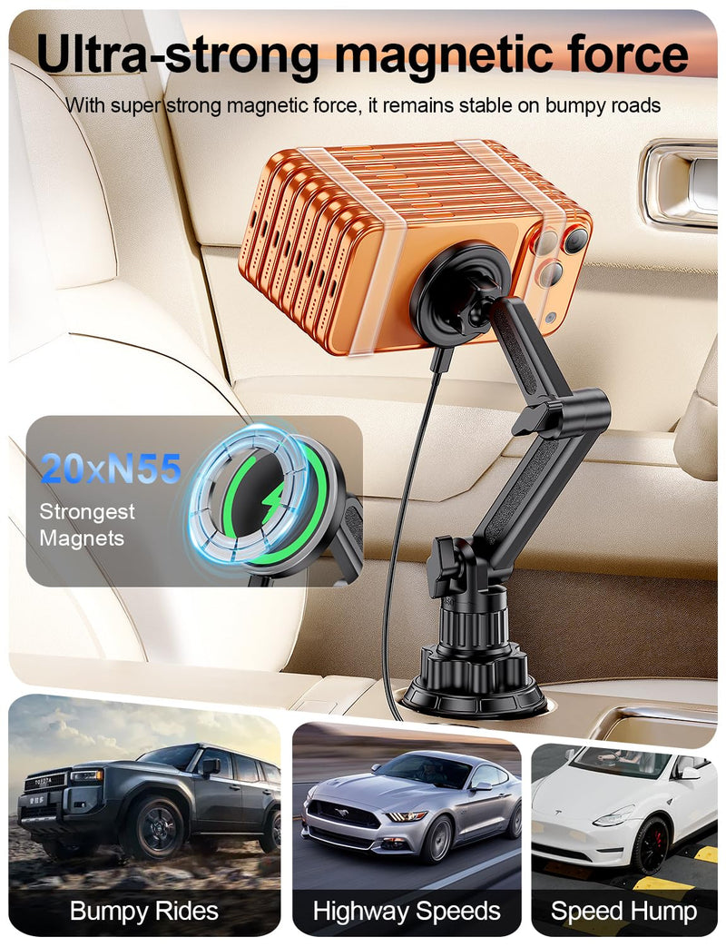 Magsafe Car Mount Charger, Stable Cup Holder Phone Holder Wireless Charger | Height Adjustable, Flexible angle, Fast Charging Car Accessories for iPhone 17 16 15 14 13 12 Series, for Cars, SUVs & Trucks