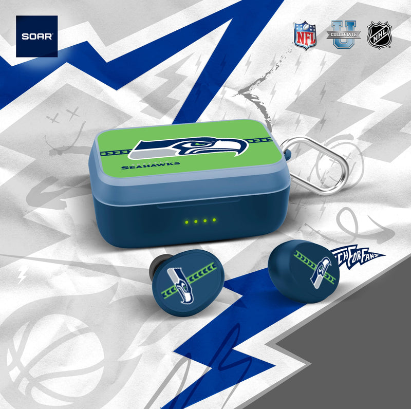 SOAR NFL Wireless Sport Earbuds: Comfortable Fit & Convenient Charging Seattle Seahawks