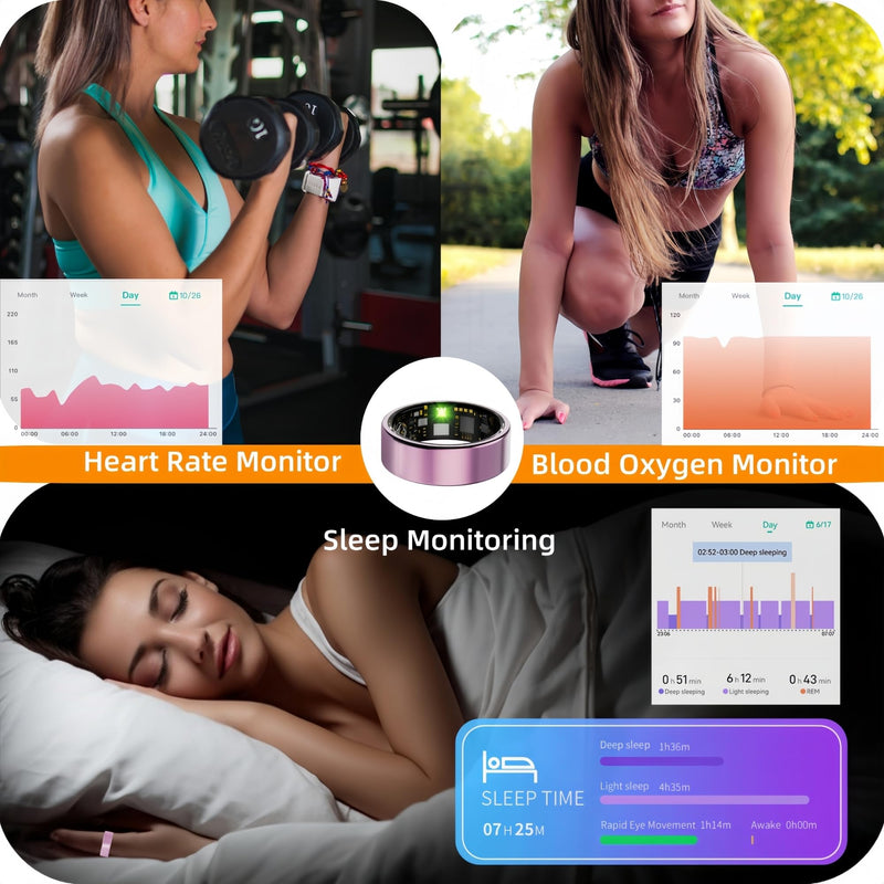 Smart Ring for Women Men, Health Fitness Tracker Ring, IP68 Waterproof Rings, Sleep Ring with Charging Case and Ring Protector, Remote Photography, Family Care, No App Fees(Black, 9#)