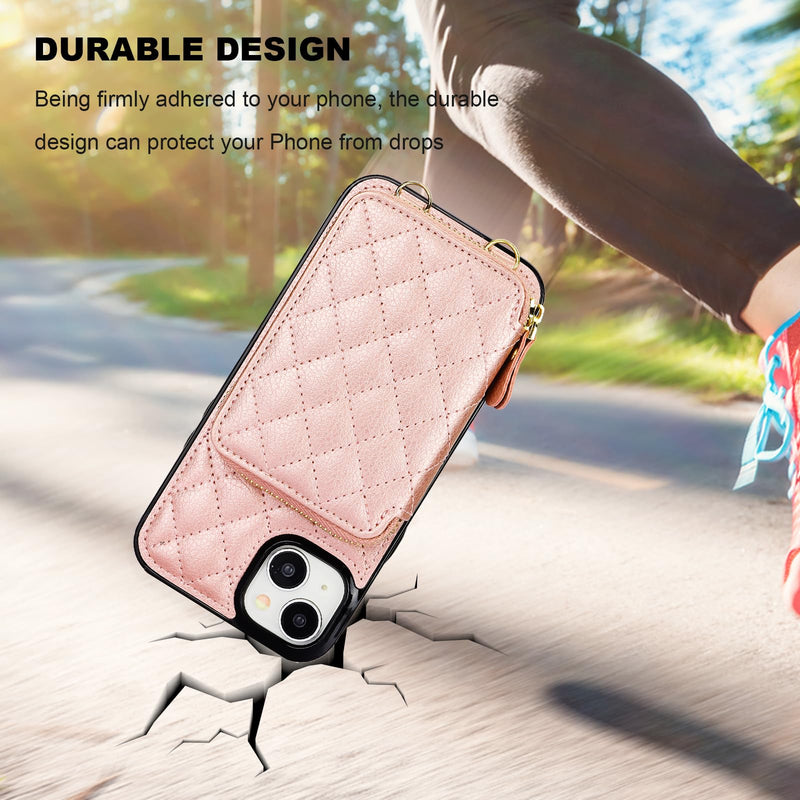 Bocasal Crossbody Wallet Case for iPhone 15 Plus, RFID Blocking PU Leather Zipper Handbag Purse Flip Cover, Kickstand Folio Case with Card Slots Holder Wrist Strap Lanyard 5G 6.7 Inch (Rose Gold) Rose Gold