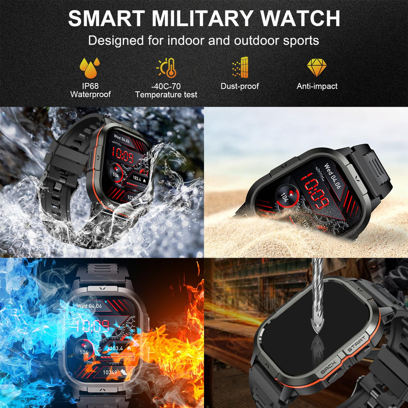 Smart Watch for Men Fitness Tracker: Waterproof Make/Answer Call Military Digital Watches Run Smartwatch Android Phones iPhone Samsung Compatible Heart Rate Monitor Orange Black