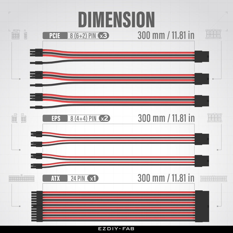 EZDIY-FAB PSU Cable Extension Kit,16AWG Power Supply Extension,1x24Pin/2x4+4 EPS/3x6+2 PCI-E,Custom PC Sleeve Cable 300MM with Combs-Black Red Black Red