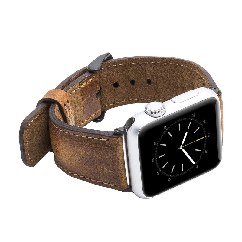 Tuscany Leather Bands Compatible with Apple Watch 49mm 45mm 44mm 42mm Band, iWatch Replacement Strap for Series 1, 2, 3, 4, 5, 6, 7, SE, 8, Ultra, Sport (Antique Brown w/Black Connector&Clasp) Antique Brown w/Black Connector&Clasp